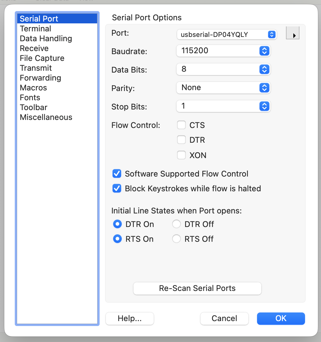 Serial port settings screen (example)